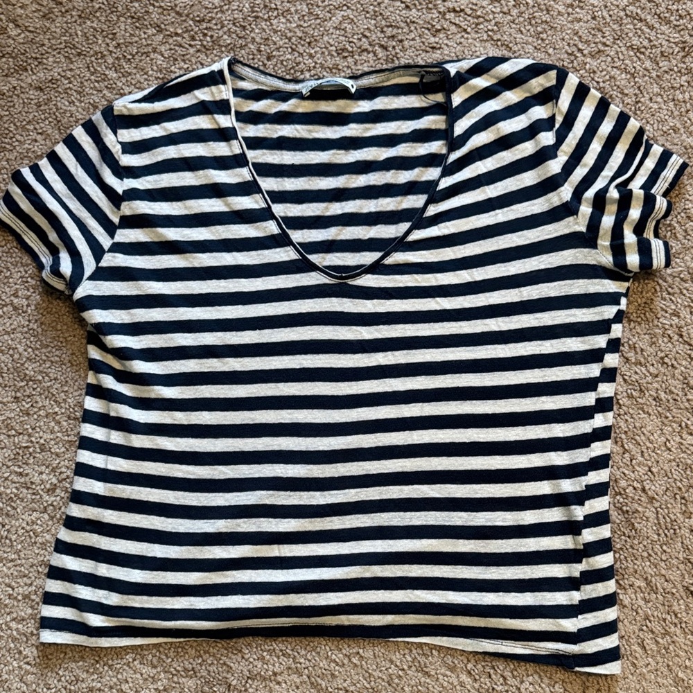 Zara Black and White Striped V-Neck Tee